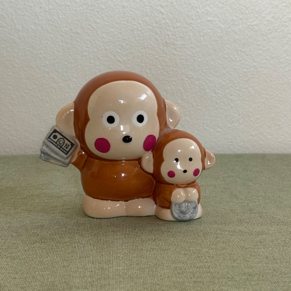 Vintage 1990s Sanrio Monkichi and Baby Ceramic Piggy Bank